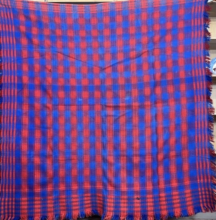 2 BLUE & RED CHECK WOVEN WOOL COVERLETS