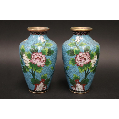 Pair of cloisonne enamel vases, decorated