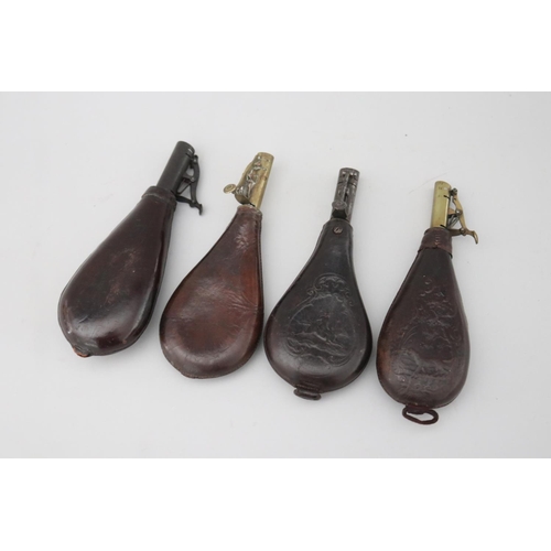 Four antique leather & brass powder