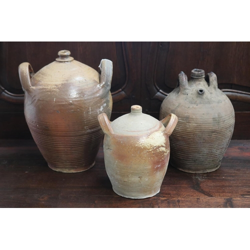 Three antique French twin handled stoneware