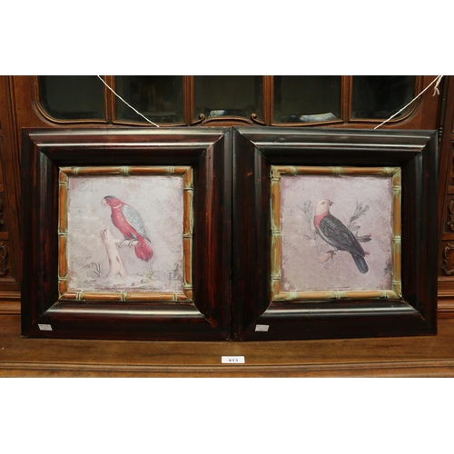 Two painted tin framed panels of colourful