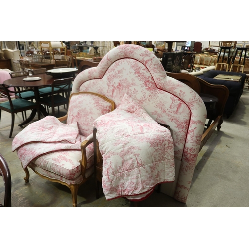 Toile upholstered double bed head,