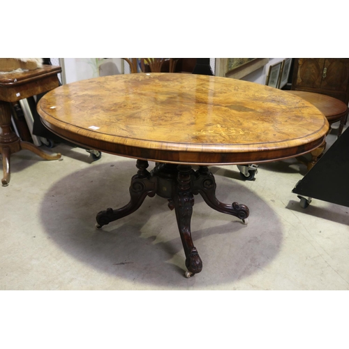 Antique burr walnut oval loo table,