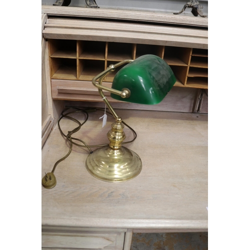 Bankers lamp, brass support with green