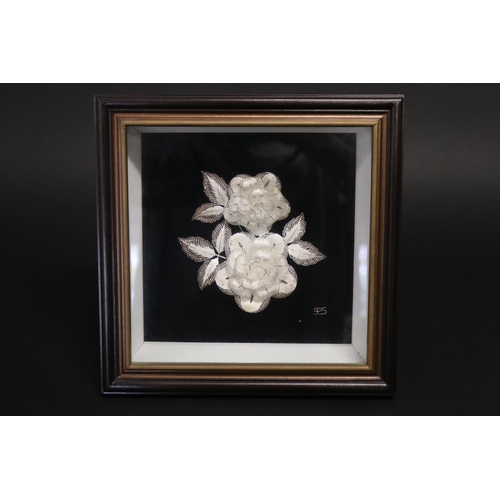 Framed silver floral filigree display,
