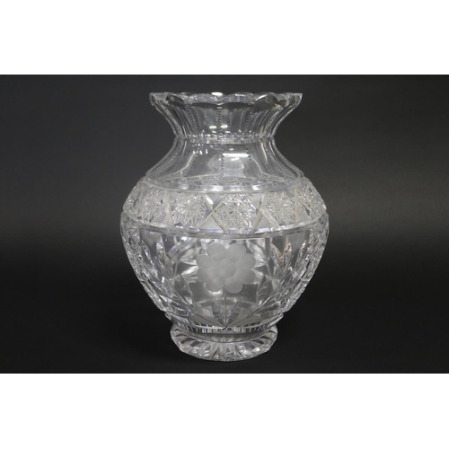 Large heavy cut crystal vase, decorated