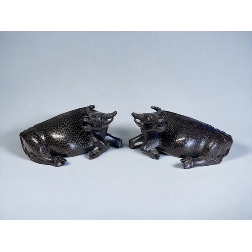 A PAIR OF CHINESE CARVED HARDWOOD BUFFALO.Circa
