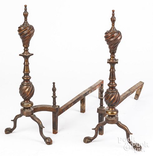 PAIR OF BRASS SPIRAL ANDIRONS,