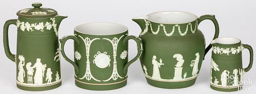 FOUR PIECES OF WEDGWOOD GREEN JASPERWAREFour