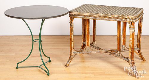 MARBLE TOP PATIO TABLE, WICKER