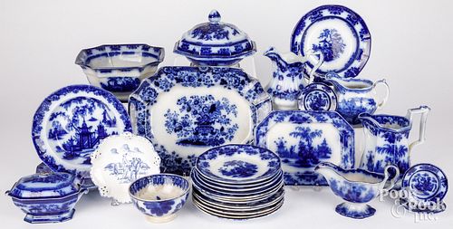 LARGE GROUP OF FLOW BLUE PORCELAINLarge