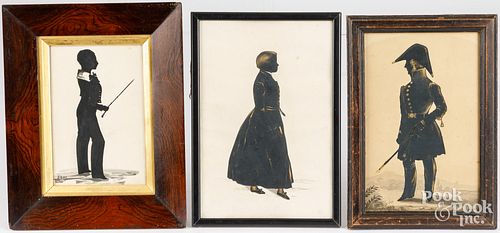 THREE WATERCOLOR AND CUTWORK SILHOUETTES,