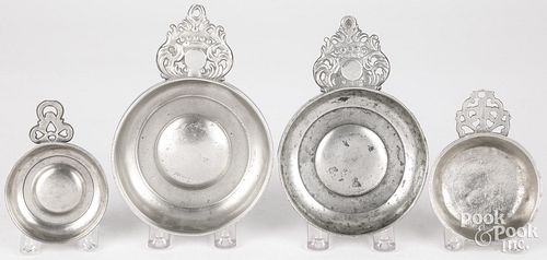 FOUR NEW ENGLAND PEWTER PORRINGERS,