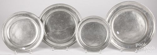 FOUR PEWTER PLATES/CHARGERS, 18TH/19TH