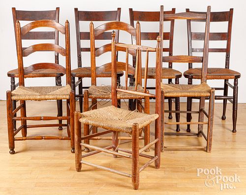 EIGHT RUSH SEAT CHAIRS, 19TH C.Eight