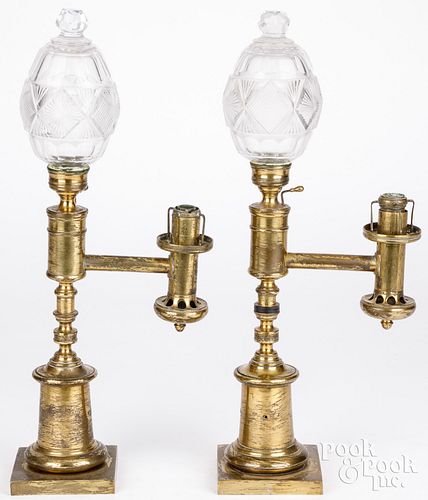 PAIR OF BRASS AND CUT GLASS ARGAND