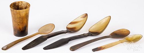 FIVE HORN SPOONS, 19TH C., ETC.Five