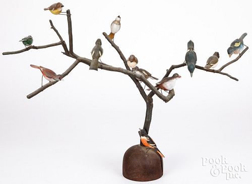 CARVED AND PAINTED BIRD TREE, MID