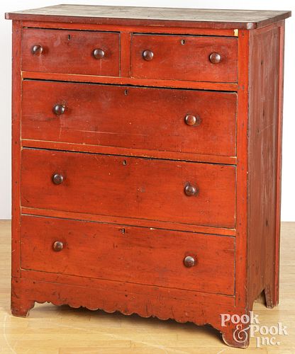 RED STAINED PINE CHEST OF DRAWERS,