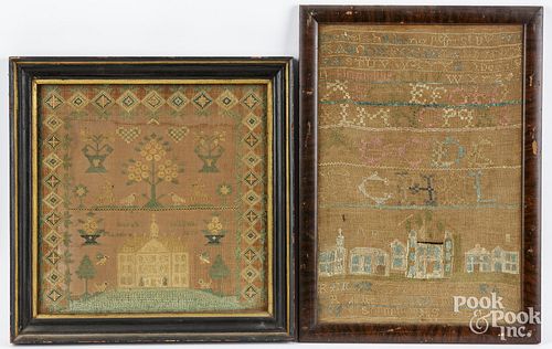 TWO SILK ON LINEN HOUSE SAMPLERS,