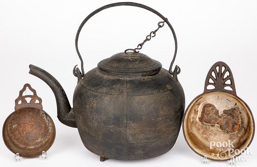 EARLY CAST IRON TEA KETTLE, 18TH