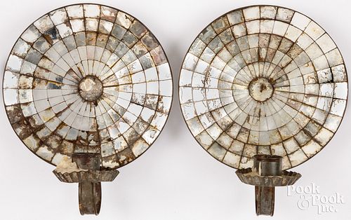PAIR OF MIRRORED TIN CANDLE SCONCES,