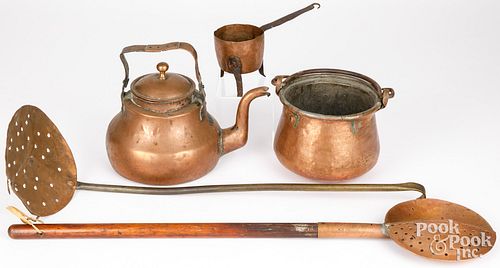 FIVE PIECES OF COPPER COOKWARE,