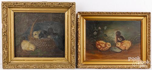 TWO OIL PAINTINGS OF CHICKS, LATE