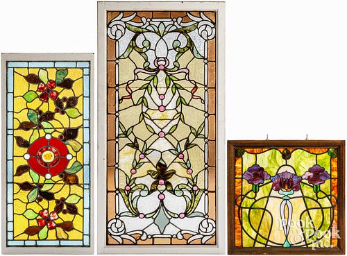 THREE STAINED GLASS WINDOWS, CA.