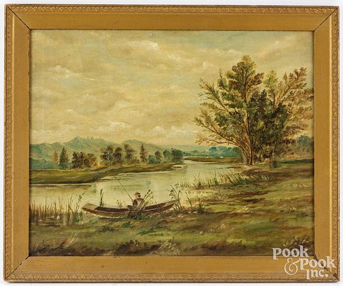 AMERICAN OIL ON CANVAS OF A MAN FISHINGAmerican