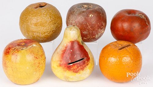 SIX PAINTED REDWARE FRUIT FORM
