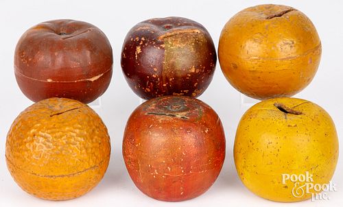 SIX PAINTED REDWARE FRUIT FORM BANKSSix