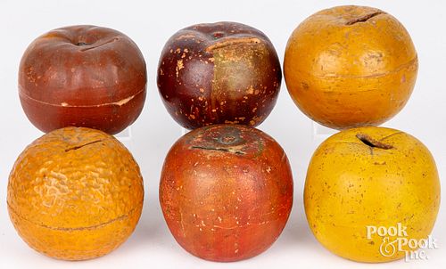 SIX PAINTED REDWARE FRUIT FORM