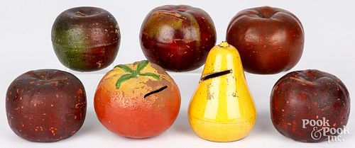 SEVEN PAINTED REDWARE FRUIT FORM