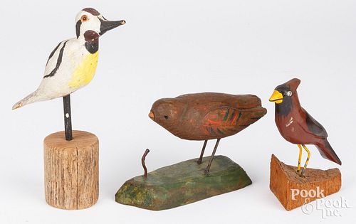 THREE CARVED AND PAINTED BIRDSThree