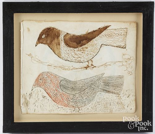 WATERCOLOR DRAWING OF BIRDS, 19TH