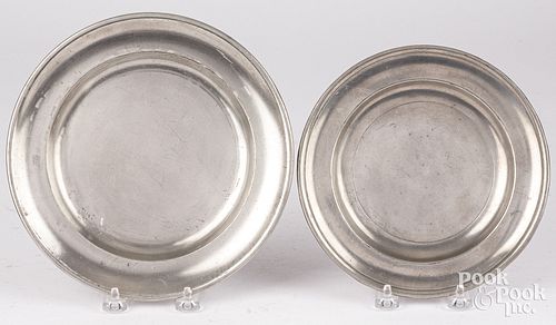 TWO PHILADELPHIA LOVE PEWTER PLATES,