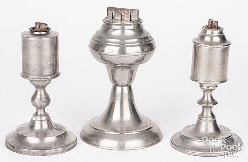 THREE PEWTER OIL LAMPS, ONE BY