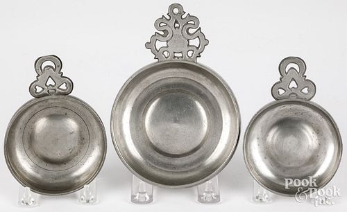 THREE NEW ENGLAND PEWTER PORRINGERS,