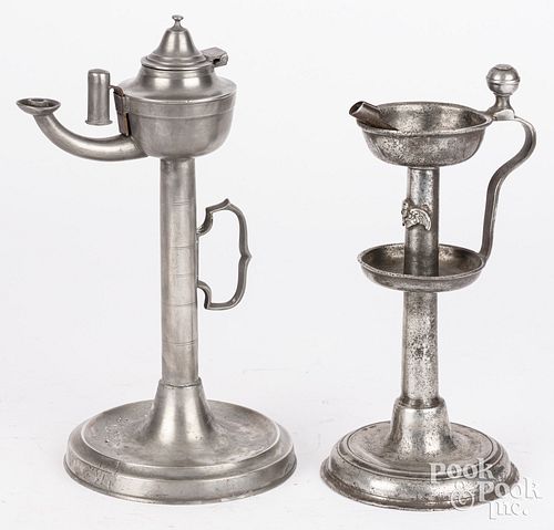 TWO AMERICAN PEWTER FAT LAMPS,
