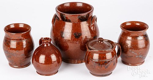 FIVE PIECES OF REDWARE, 19TH C.Five