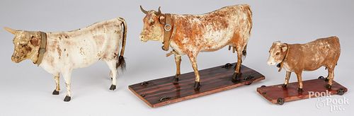 THREE COW PULL TOYS, LARGEST -