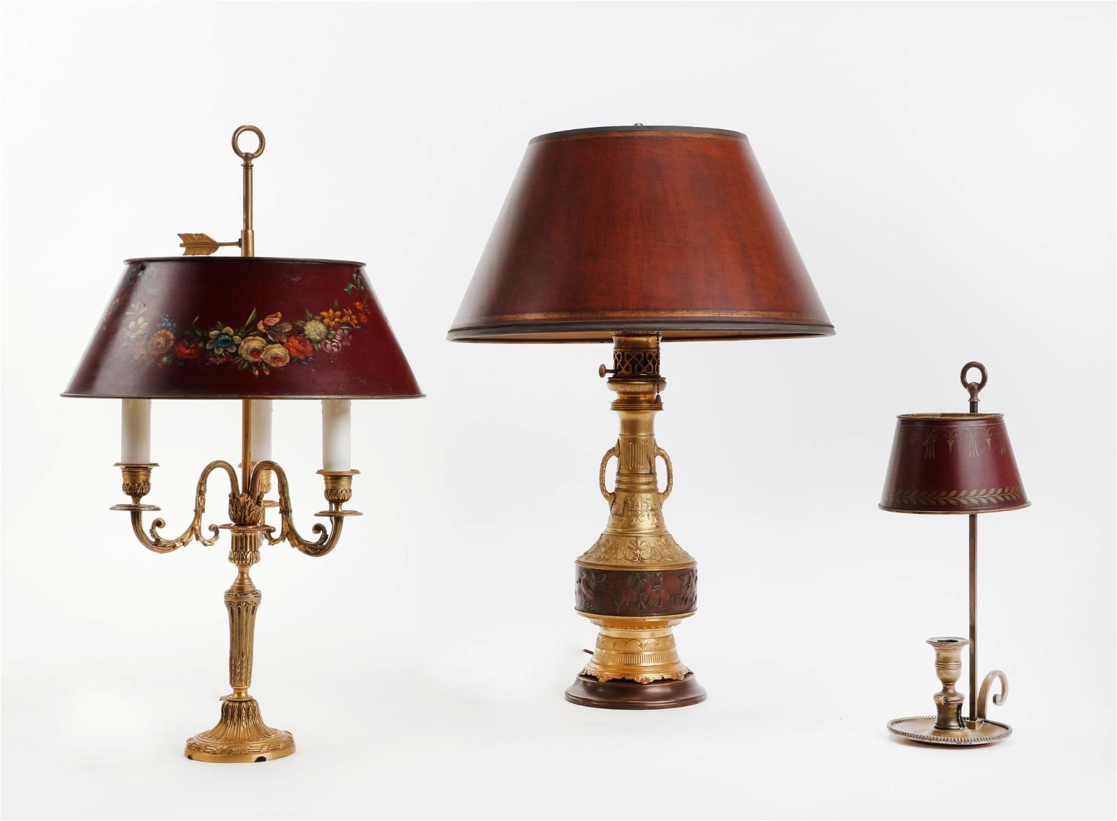 THREE FRENCH BRONZE AND TOLE LAMPSThree