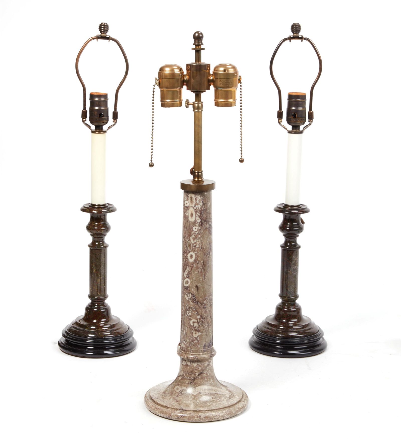 A PAIR OF JASPER CANDLESTICK LAMPS AND