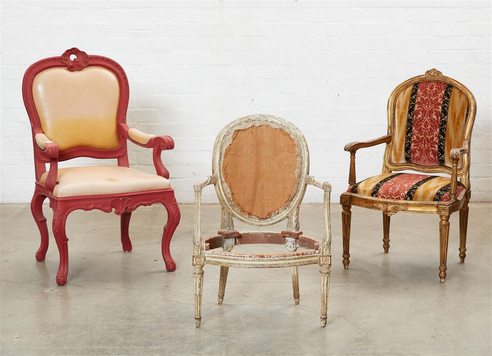 THREE POLYCHROME PAINTED ARMCHAIRSThree