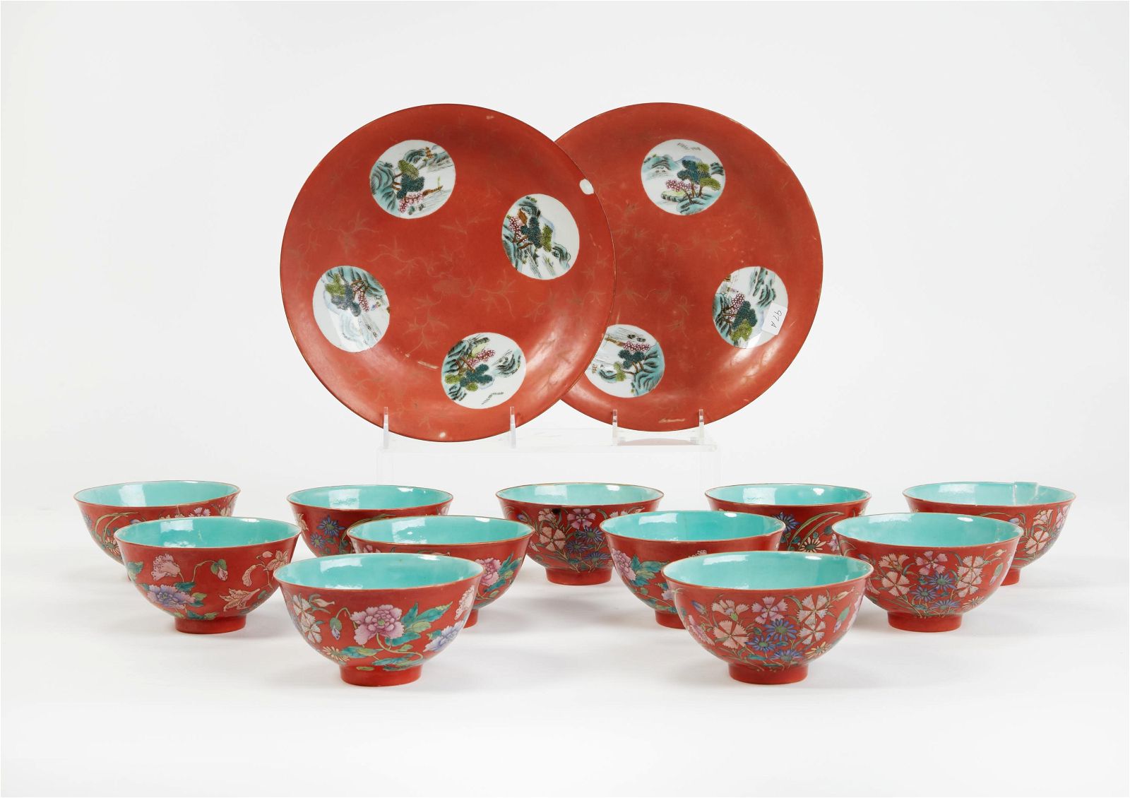 THIRTEEN CHINESE CORAL GROUND BOWLS