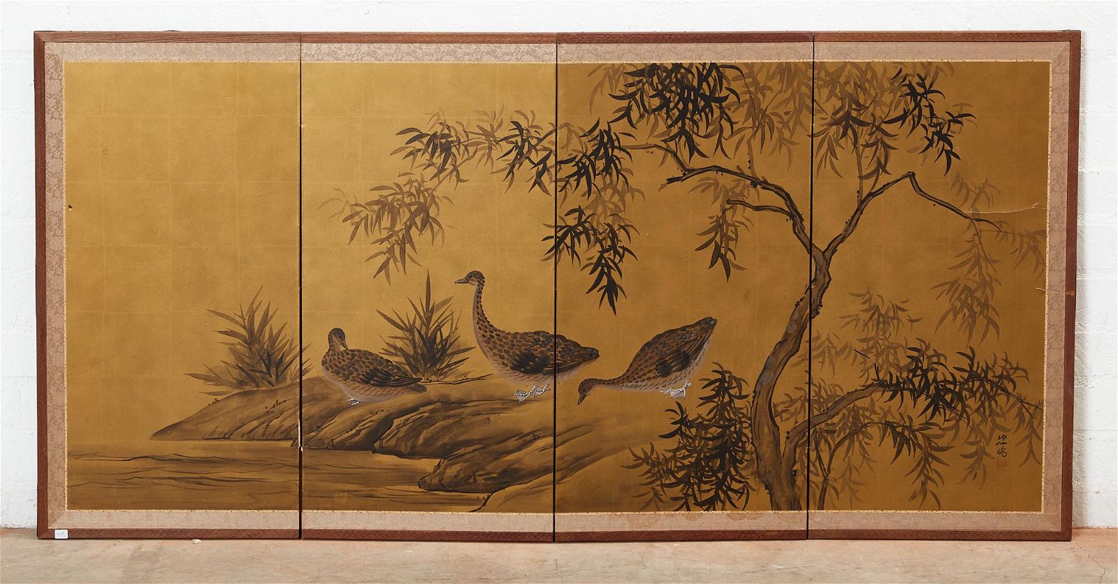 A JAPANESE FOUR PANEL SCREEN DEPICTING