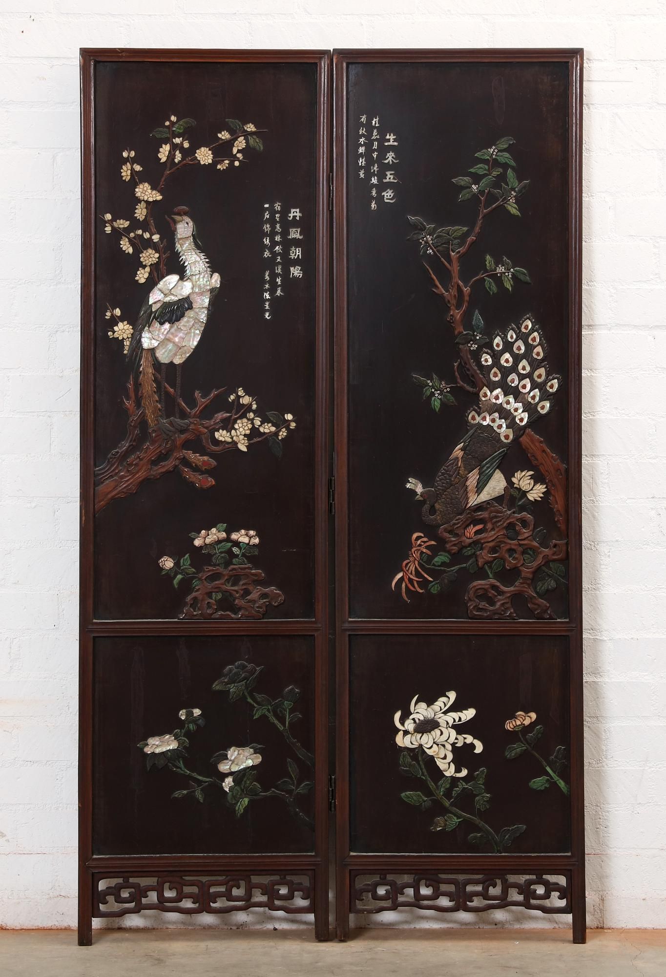 A LARGE TWO PANEL HARDSTONE INLAID