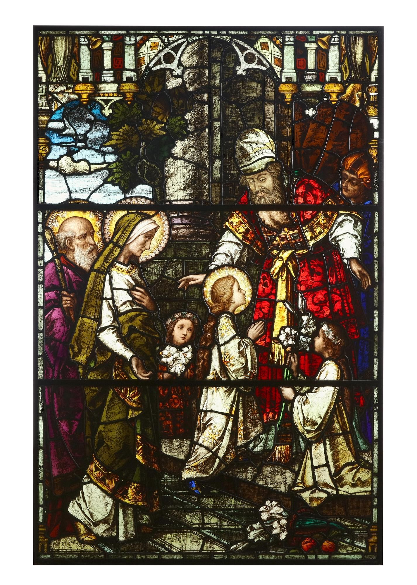 A LEADED STAINED GLASS WINDOW DEDICATION