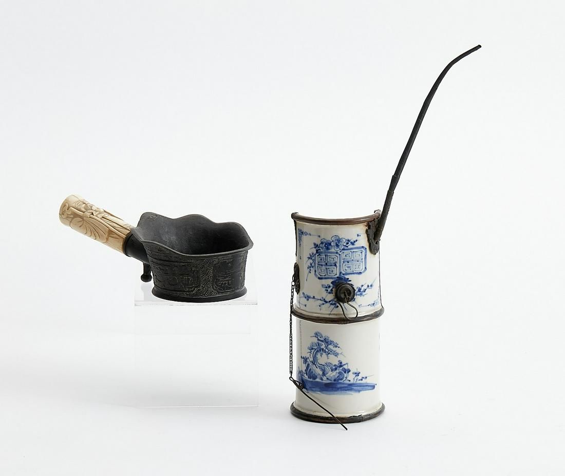 A CHINESE SILK IRON AND OPIUM PIPEA